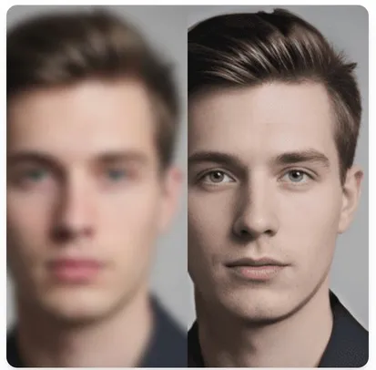 Face restore demo - AI-powered face restoration showing before and after comparison, enhance blurry portraits and old photos